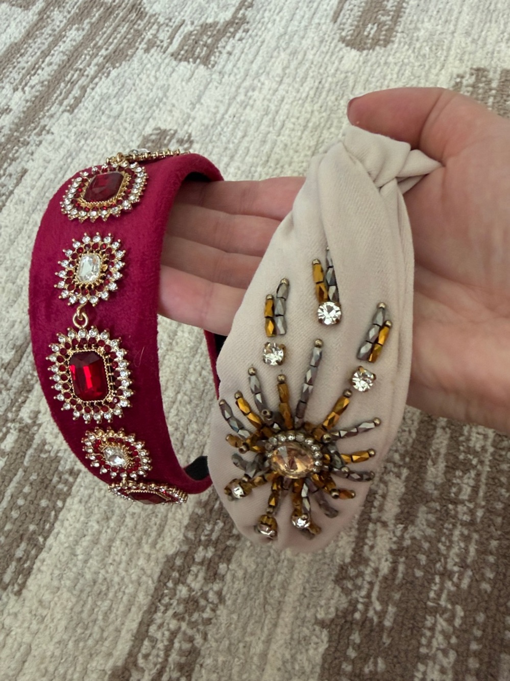 Gem-Embellished Wine Velvet & Beaded Cream Knotted Headband Set